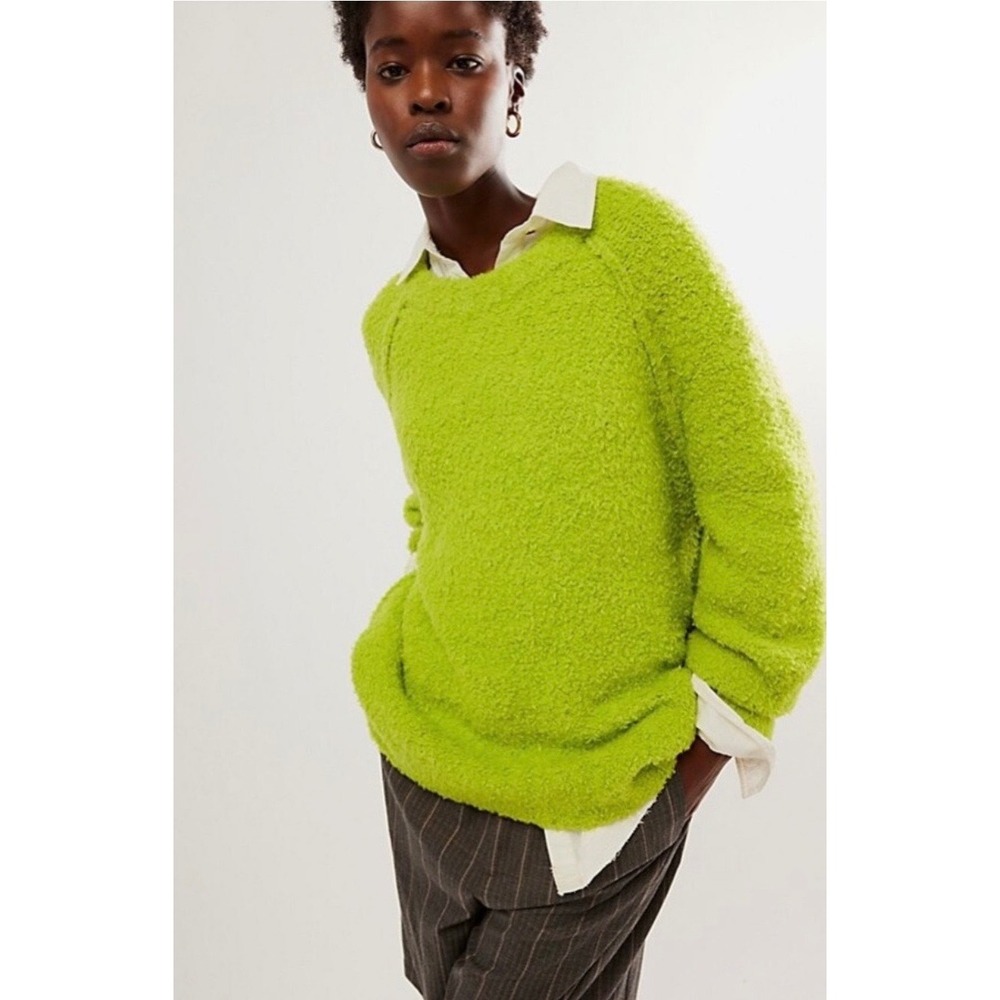 Free People Found My Friend Lime Green Boucle Wool Blend Oversized Sweater Sz M